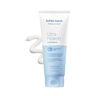 Tube of Super Aqua Ultra Hyalon Cleanser by Missha on a white background