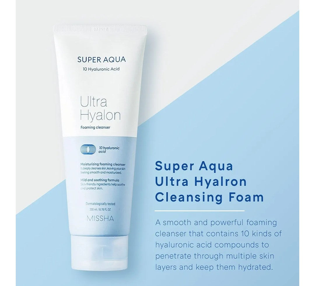 Super Aqua Ultra Hyalon Cleansing Foam by Missha on a light blue and white background