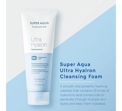 Super Aqua Ultra Hyalon Cleansing Foam by Missha on a light blue and white background