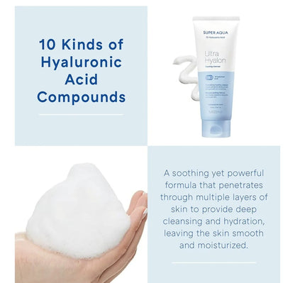 Super Aqua Ultra Hyalron skincare product with text about hyaluronic acid compounds.