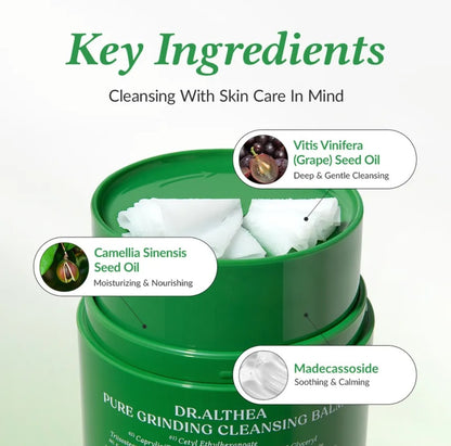 Green container of Dr. Althea Pure Grinding Cleansing Balm with key ingredients listed.