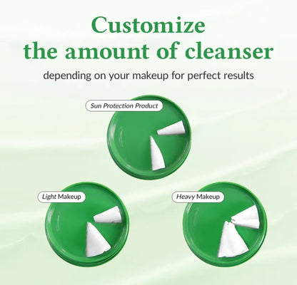 Three green containers with labeled amounts of cleanser for different makeup types on a light green background.
