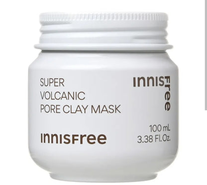 Innisfree Super Volcanic Pore Clay Mask jar on a white background