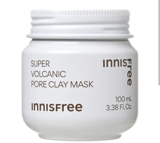 Innisfree Super Volcanic Pore Clay Mask jar on a white background