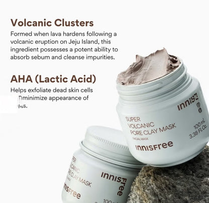 Innisfree Super Volcanic Pore Clay Mask with text about volcanic clusters and AHA Lactic Acid on a white background.