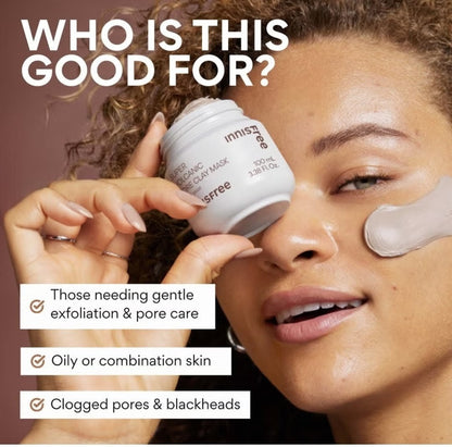 Woman applying facial mask with product and text about its benefits