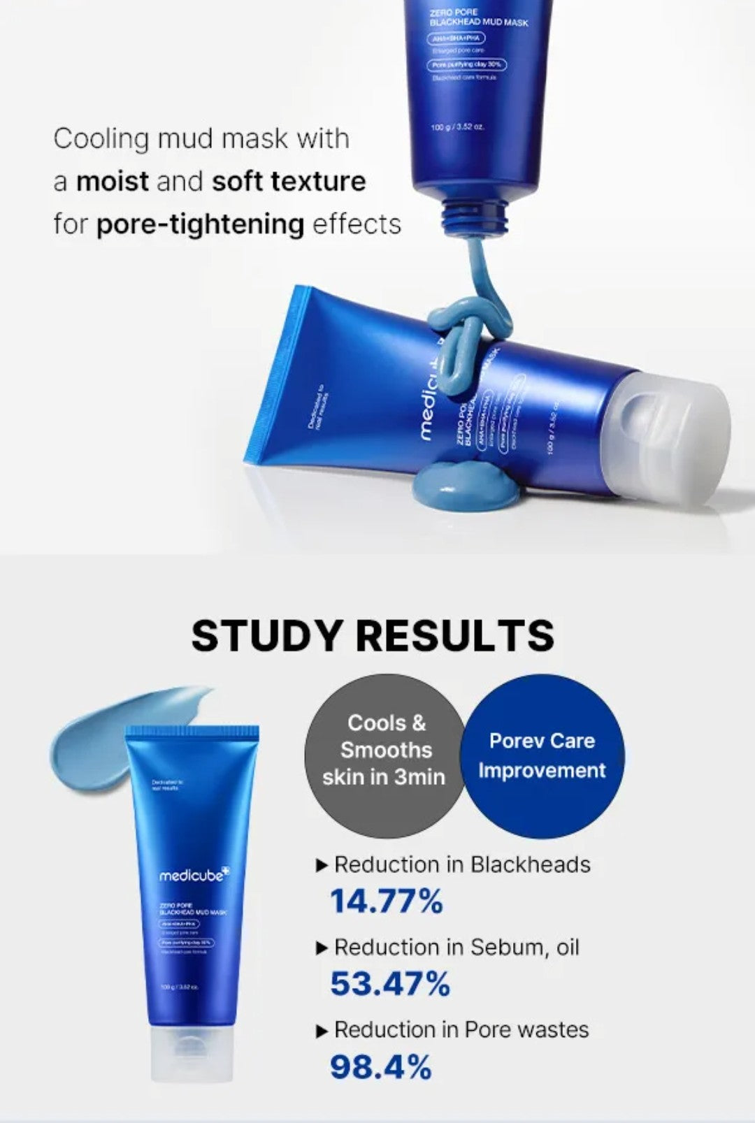 Blue skincare product with study results on a white background