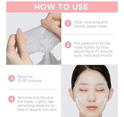Instructions on how to use a facial mask with text and images.