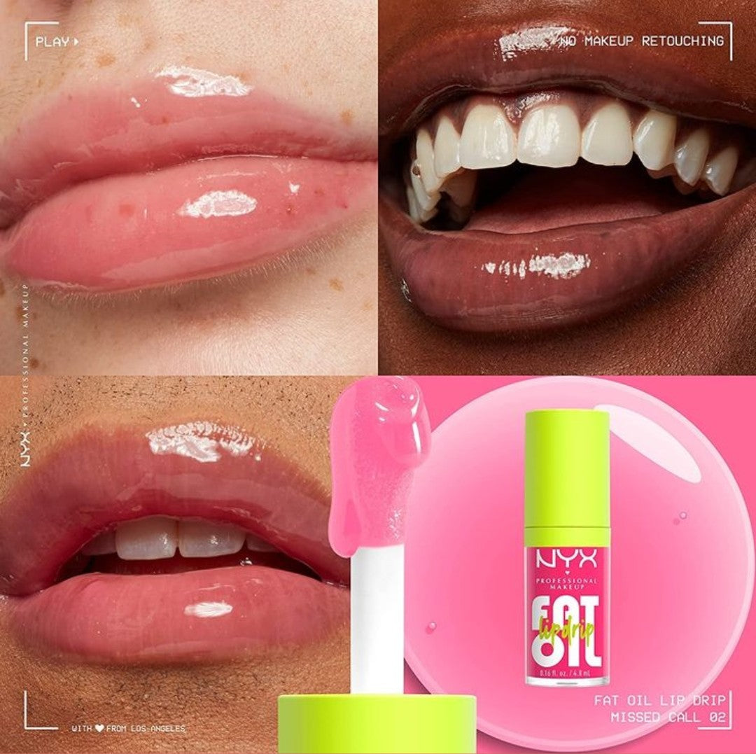 Collage of a lip product with close-up shots of lips and teeth, featuring NYX branding.