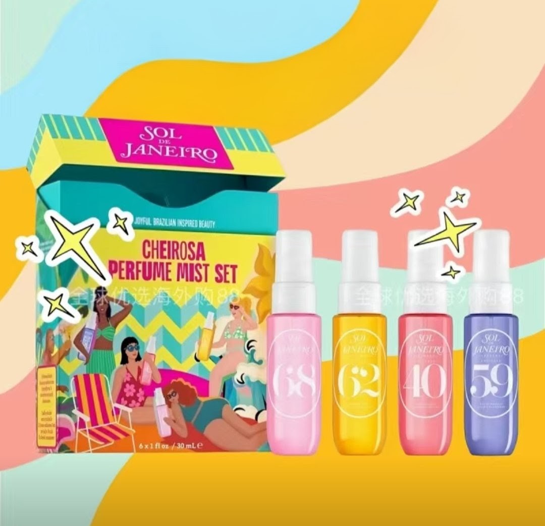 Sol Janefro Cheirosa Perfume Mist Set with colorful packaging and bottles on a abstract background