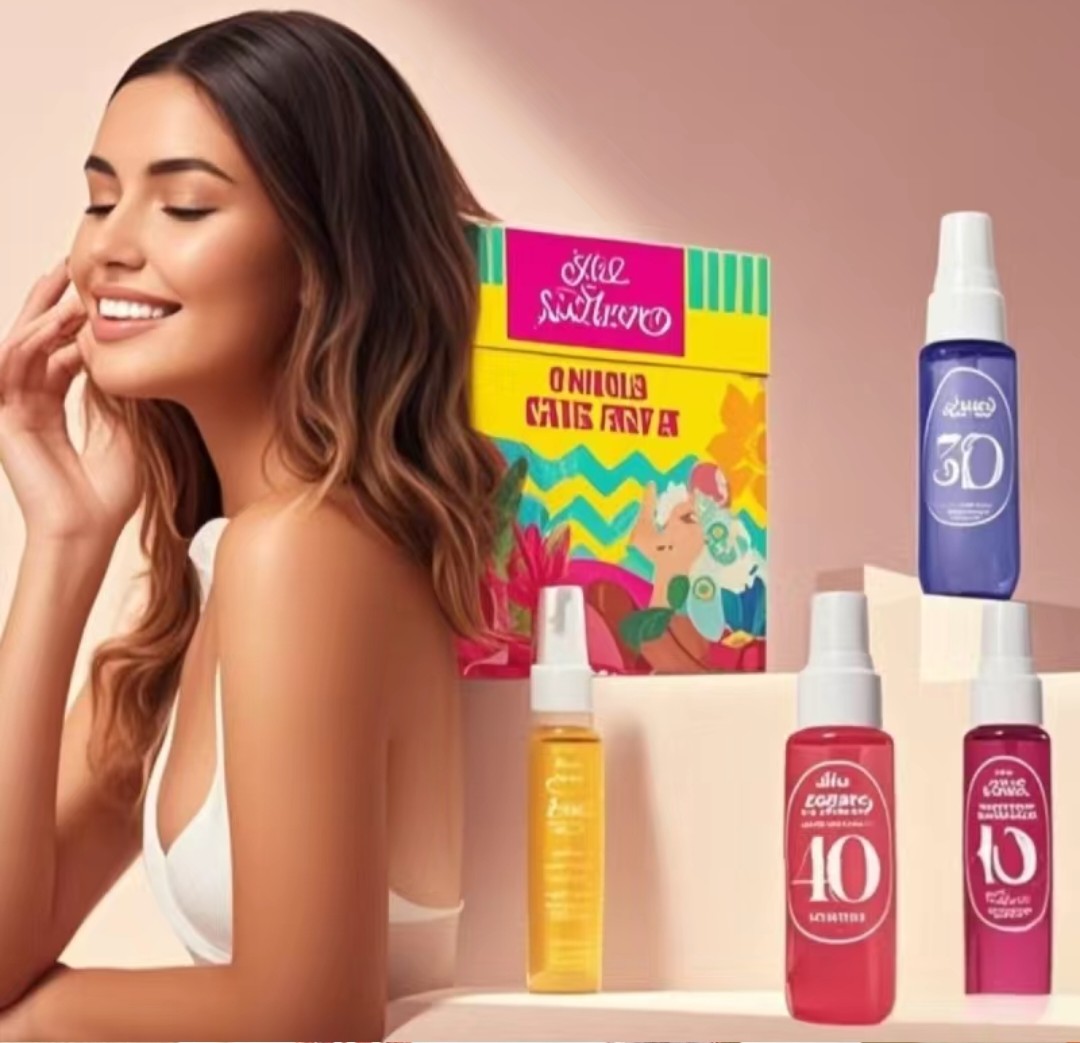 Woman with sun protection products including a box and bottles on a peach background
