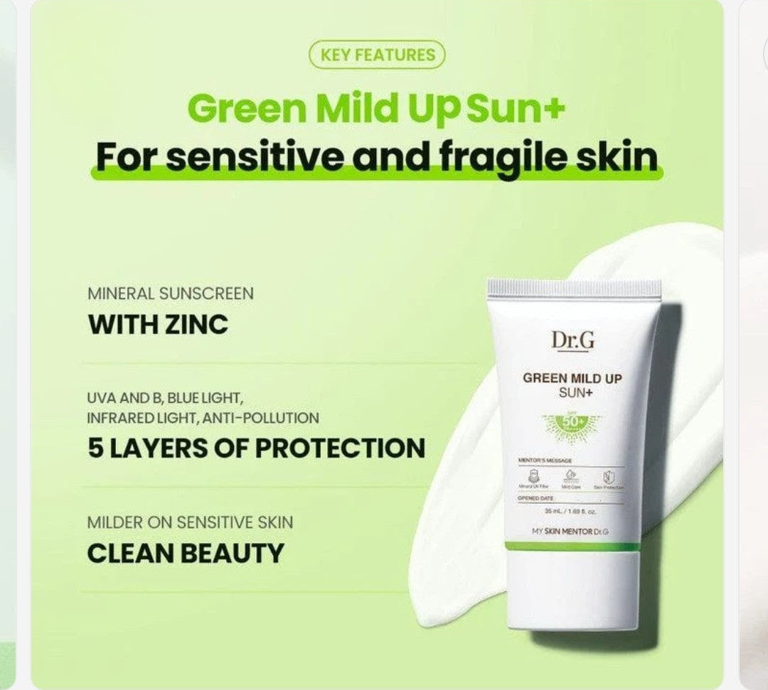 Dr.G Green Mild Up Sun+ sunscreen packaging with green background and text.