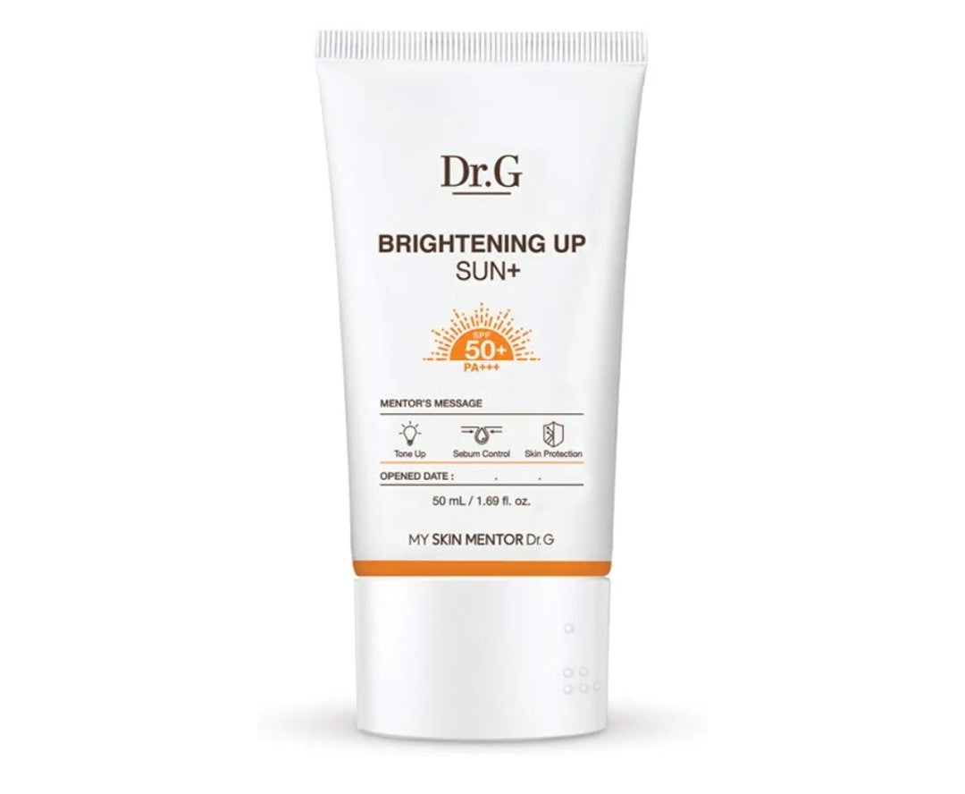 Dr.G Brightening Up Sun+ sunscreen tube on a white background
