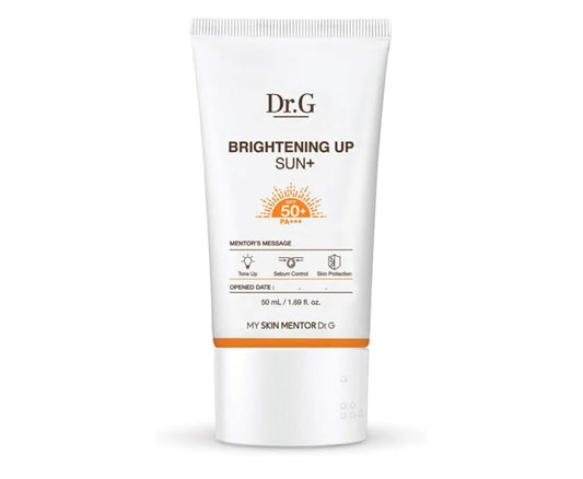 Dr.G Brightening Up Sun+ sunscreen tube on a white background