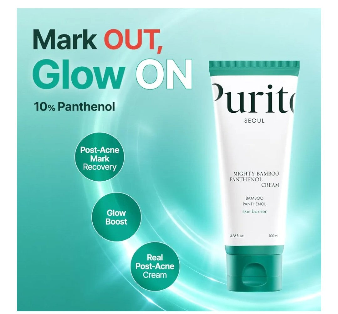Purito Mighty Bamboo Panthenol Cream with promotional text on a teal background