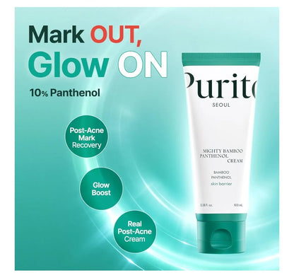 Purito Mighty Bamboo Panthenol Cream with promotional text on a teal background