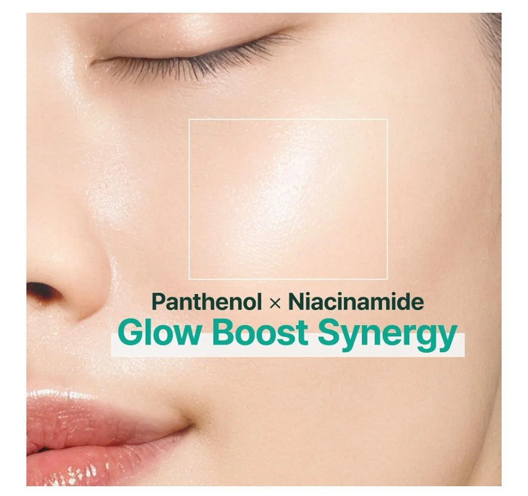 Close-up of a person's face with 'Panthenol x Niacinamide Glow Boost Synergy' text overlay.