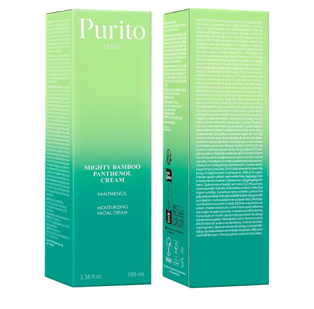Two boxes of Purito Mighty Bamboo Panthenol Cream on a white background