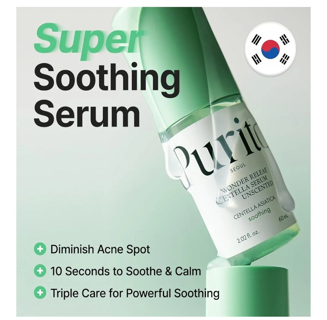 Purito Super Soothing Serum bottle with text on a light gray background