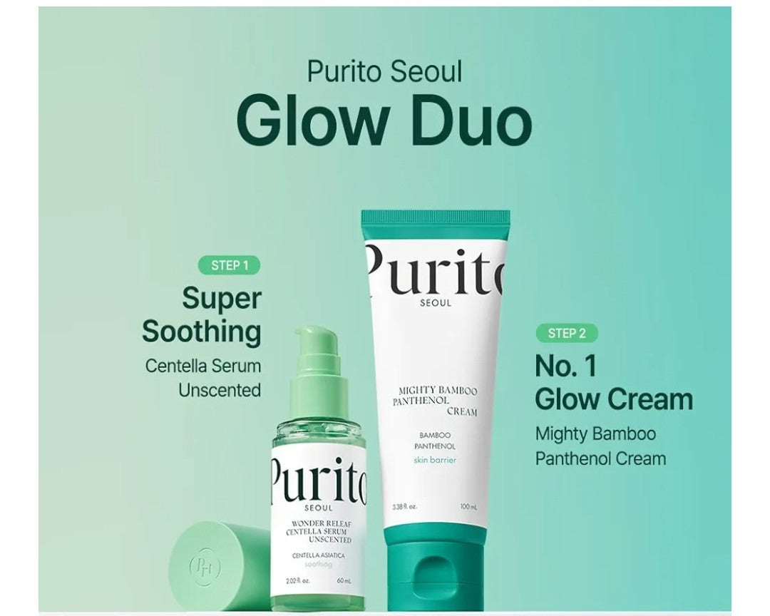 Purito Seoul Glow Duo with serum and cream on a light green background