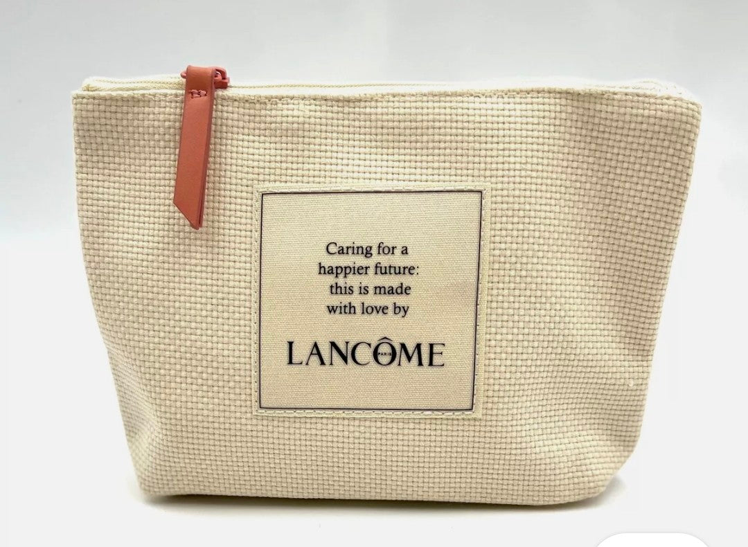 Beige pouch with Lancème branding and text on a white background