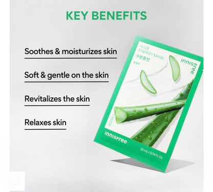 Innisfree aloe energy mask packaging with key benefits listed on a white background