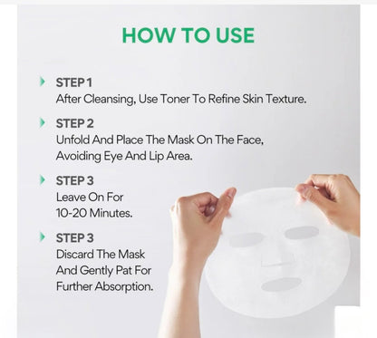 Instructions on how to use a facial mask with text and a person holding the mask.