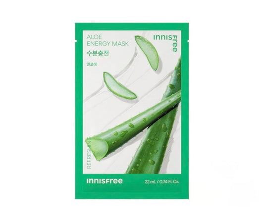 Innisfree aloe energy mask packaging with aloe vera leaves on a white background