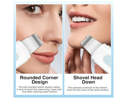 Two views of a facial cleaning device with labeled features on a light blue background.