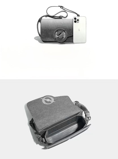 Gray phone case with a strap and a phone inside on a white background