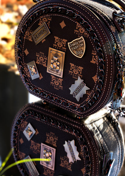 Rockland Round Crossbody Bag – Brown PU Leather with Patch Details