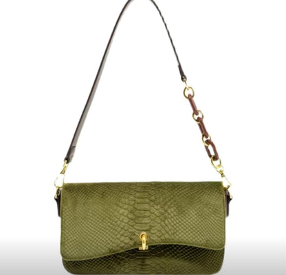 Green crocodile-embossed shoulder bag with gold clasp and brown strap
