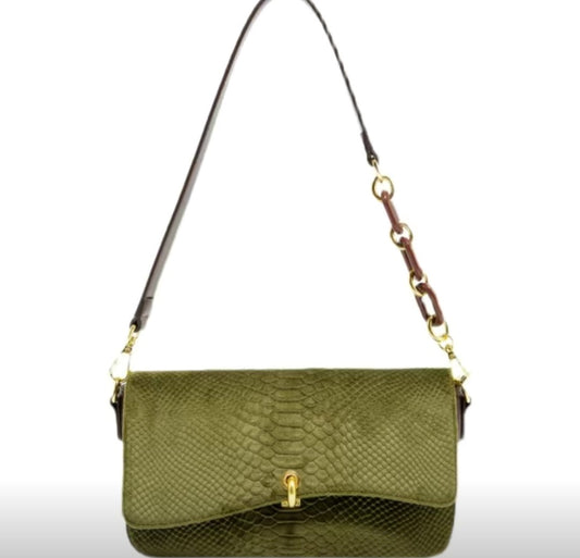 Green crocodile-embossed shoulder bag with gold clasp and brown strap
