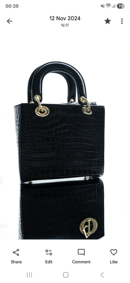 Luxury Croc-Embossed PU Leather Handbag – Elegant Top Handle Bag with Gold Hardware | Black