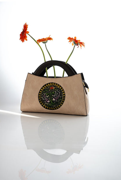 Beige handbag with floral design on a white background