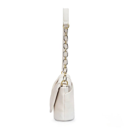 Silver handbag with a chain strap on a white background