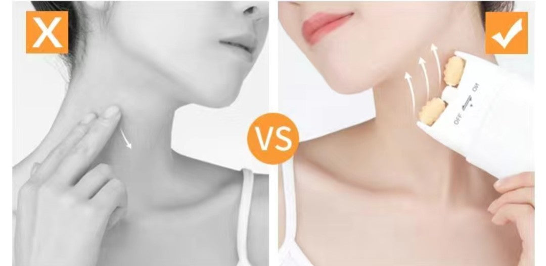 Comparison of a person using a skincare device on their neck, with a 'vs' in the middle.