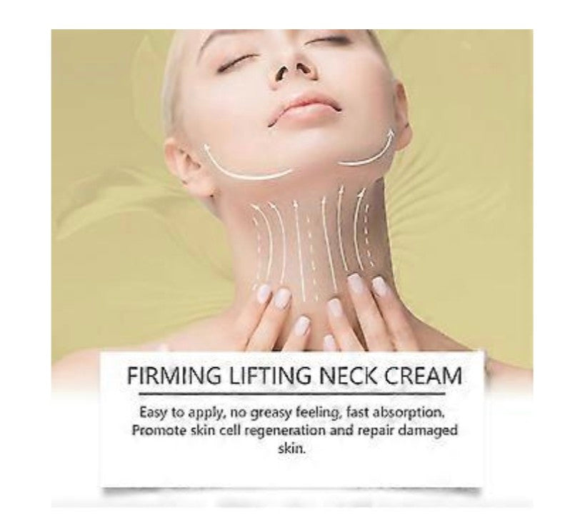 Advertisement for firming lifting neck cream with a woman applying cream to her neck.