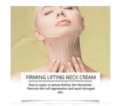 Advertisement for firming lifting neck cream with a woman applying cream to her neck.
