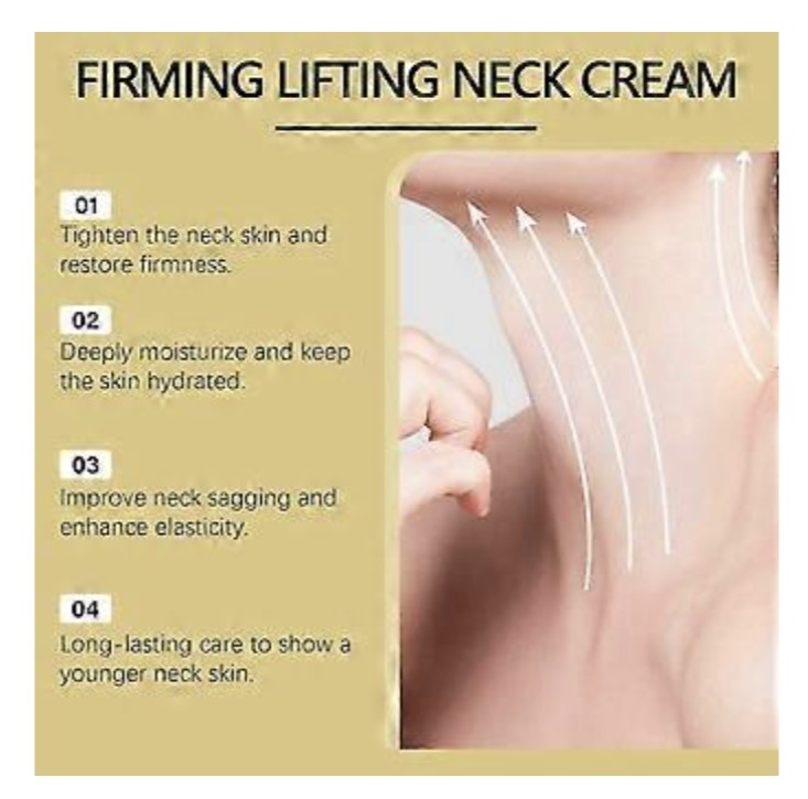 Advertisement for firming lifting neck cream with text and a close-up of a neck.