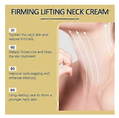 Advertisement for firming lifting neck cream with text and a close-up of a neck.