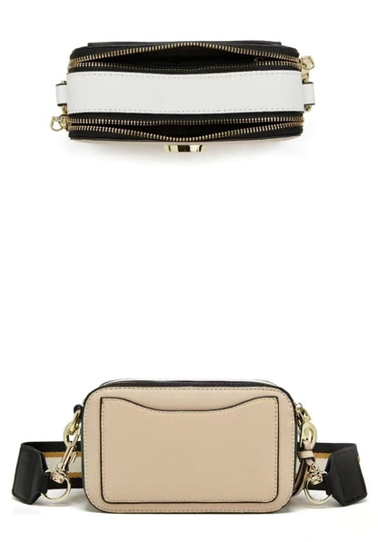 Two bags, one black and white and one beige with a strap, on a white background.