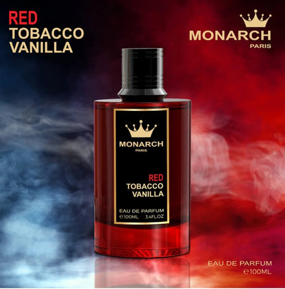 Monarch Paris Red Tobacco Vanilla perfume bottle with colorful smoke effects