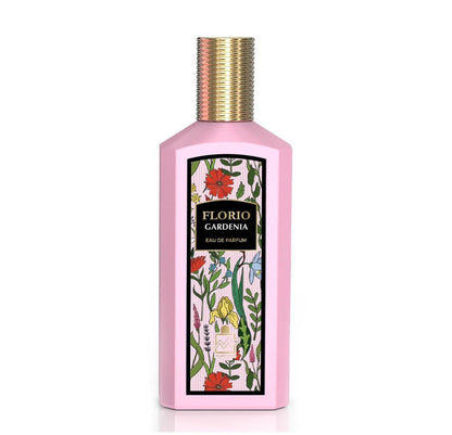 Pink perfume bottle with floral design and 'Florio Gardenia' label on a white background
