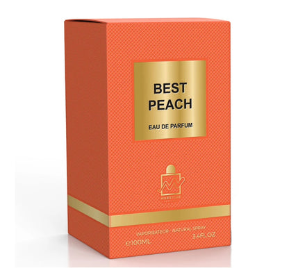 Orange and gold perfume box labeled 'Best Peach' on a white background