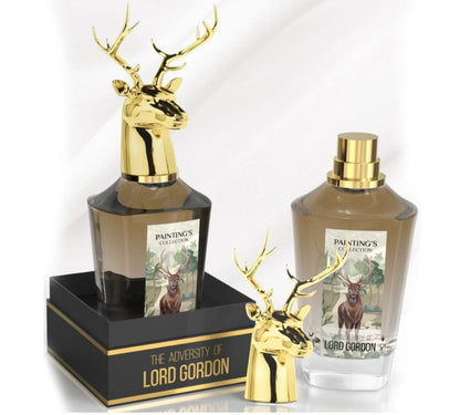 Two bottles of 'The Adversity of Lord Gordon' with gold deer heads on a white background