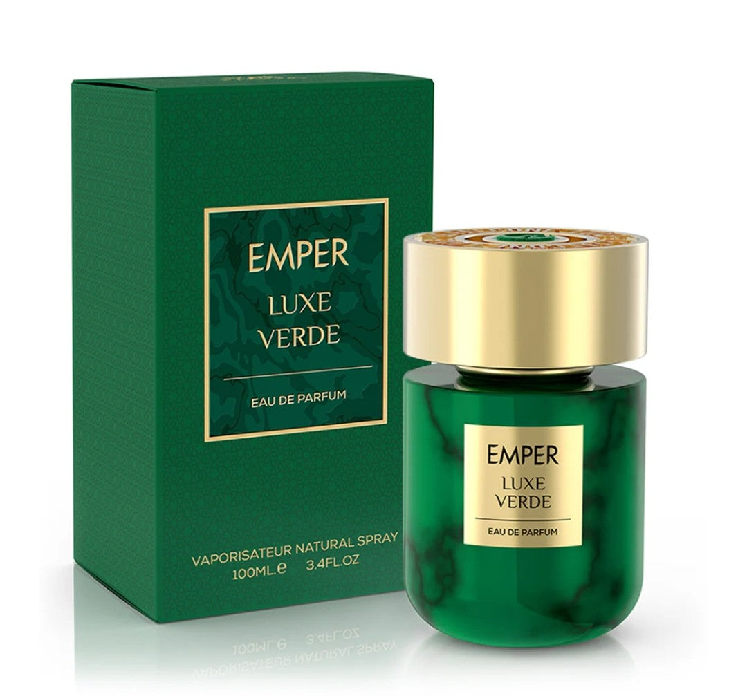 Emper Luxe Verde perfume bottle and packaging on a white background