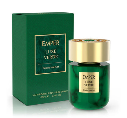 Emper Luxe Verde perfume bottle and packaging on a white background