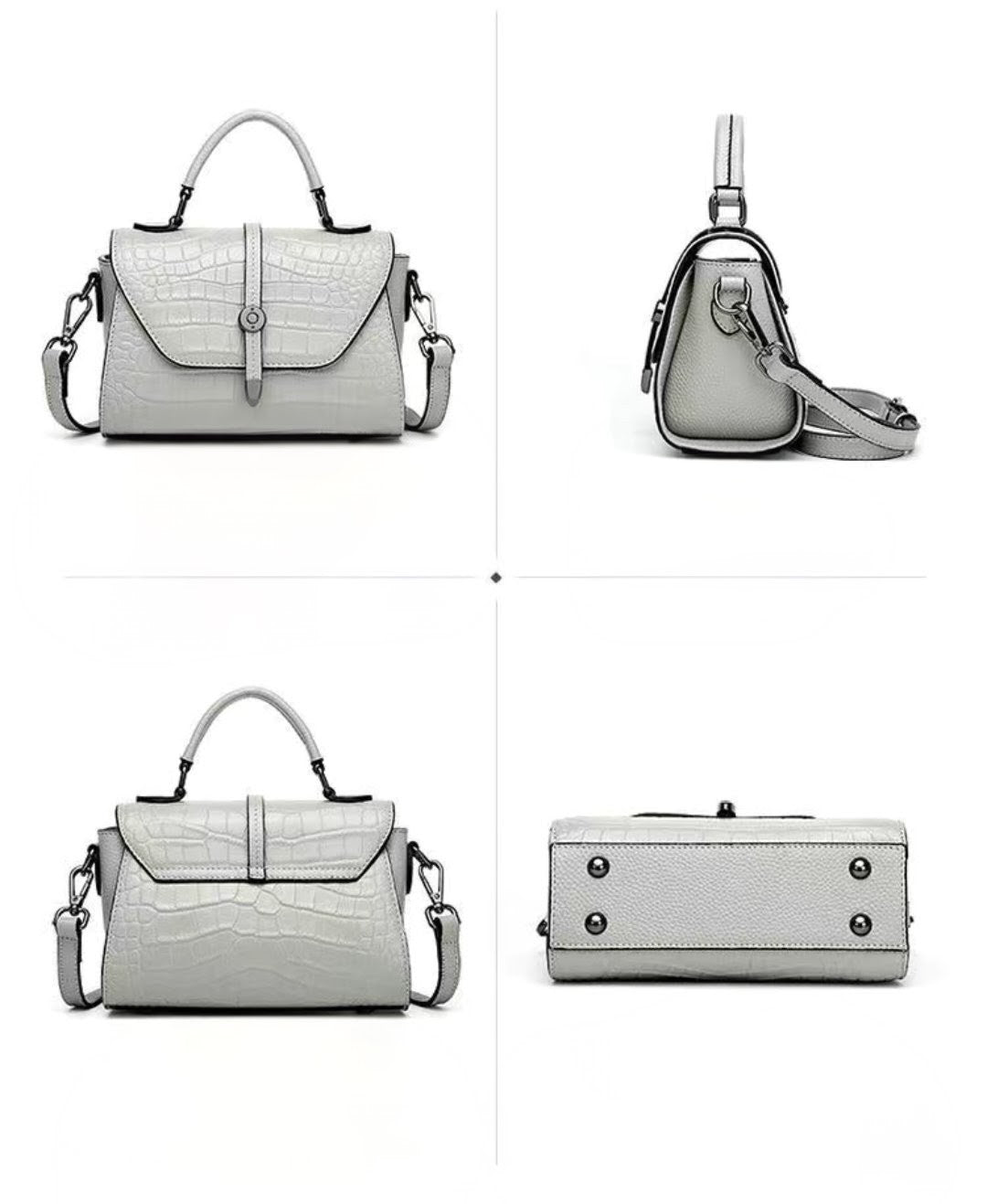 Four different views of a gray handbag on a white background