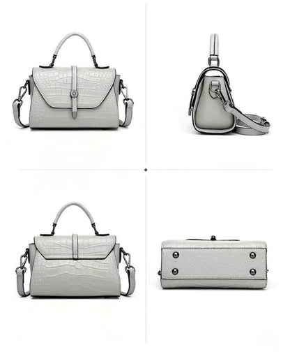 Four different views of a gray handbag on a white background